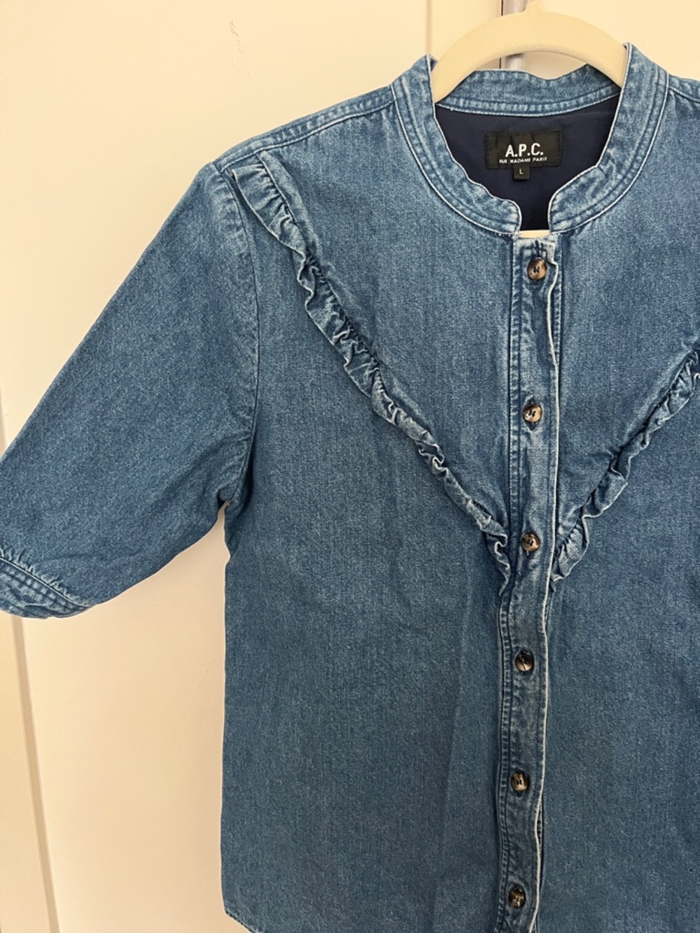 A.P.C. Ruffle-Trim Denim Button-Up Top - Medium Blue - Picture 2 of 4